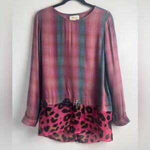Anthropologie Cloth & Stone Small Plaid Mixed‎ Media Lace Up Back Blouse Top